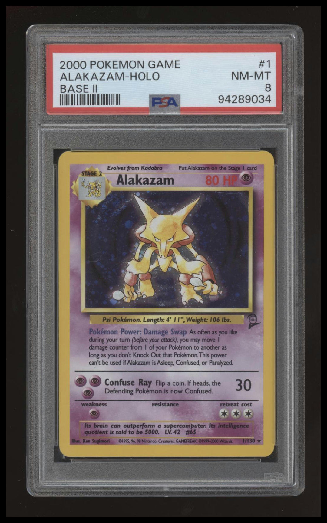 Pokemon - Alakazam - Base Set 2 - 1/130 - Holo Rare - PSA 8