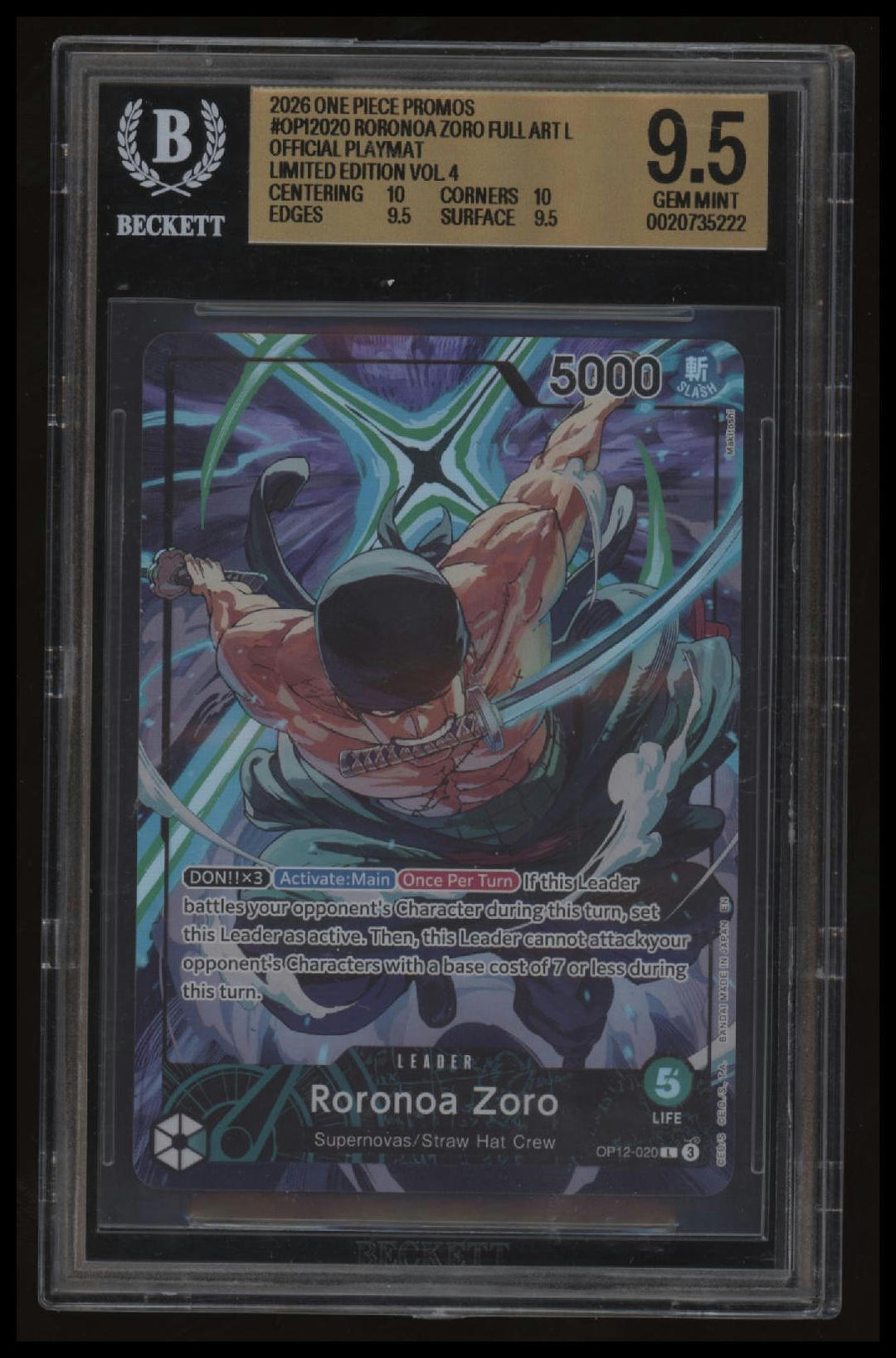 One Piece - Roronoa Zoro - OP12-020 - Official Playmate - BGS 9.5