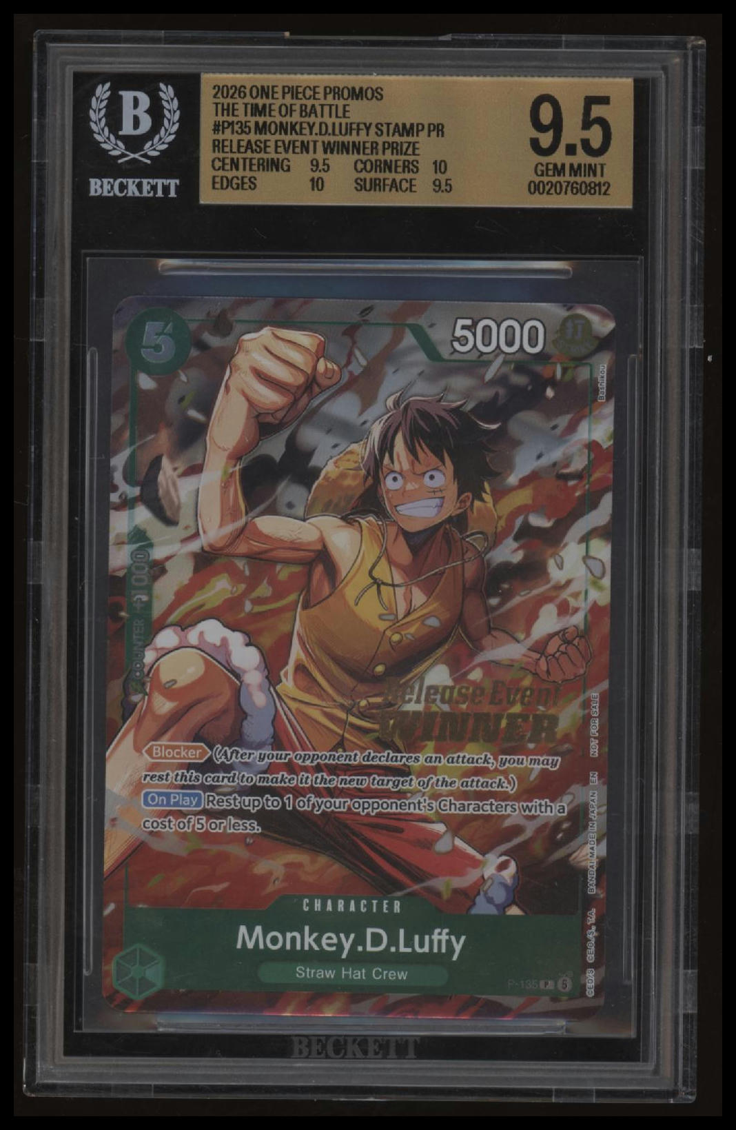 One Piece - Monkey.D.Luffy - p-135 - Release Event Winner Prize - BGS 9.5